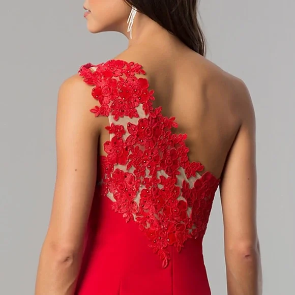 Dear Moon One Shoulder Dress with  Rhinestone-Embellished Floral-Lace Appliqué - Picture 7 of 8